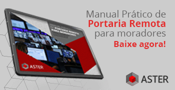 Imagem de um tablet com a capa do ebook e a escrita manual prático de portaria remota para moradores. Baixe agora